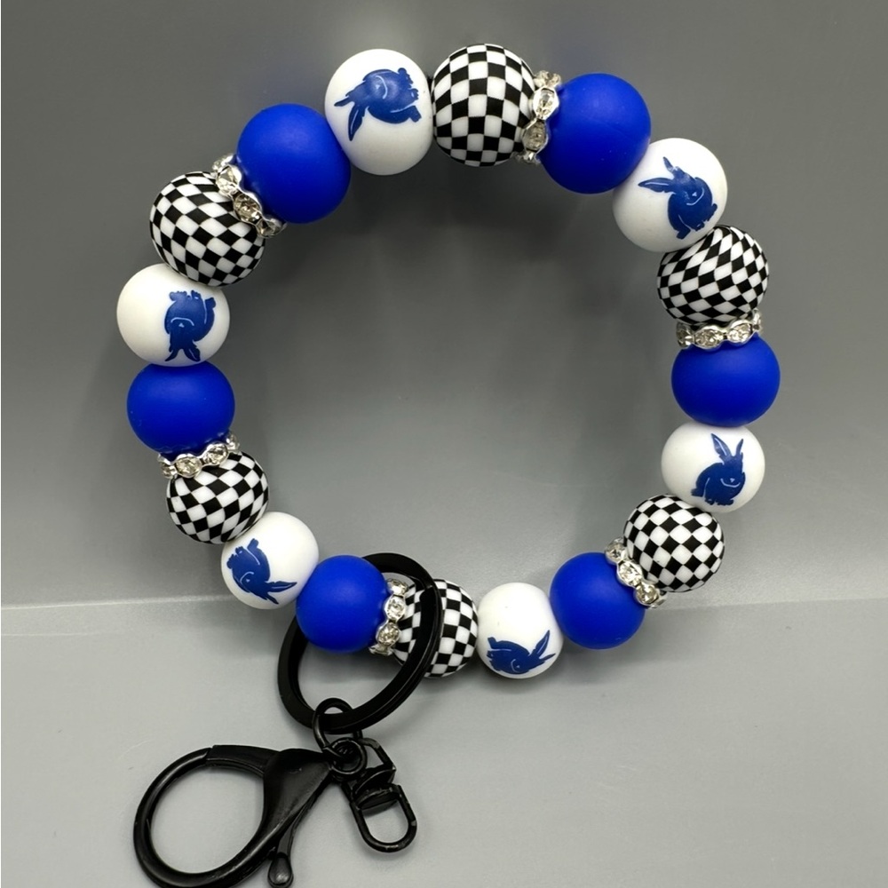 Hands Free Bunny Rabbit Wristlet, Keychain Accessory, Silicone Beads, Checkered